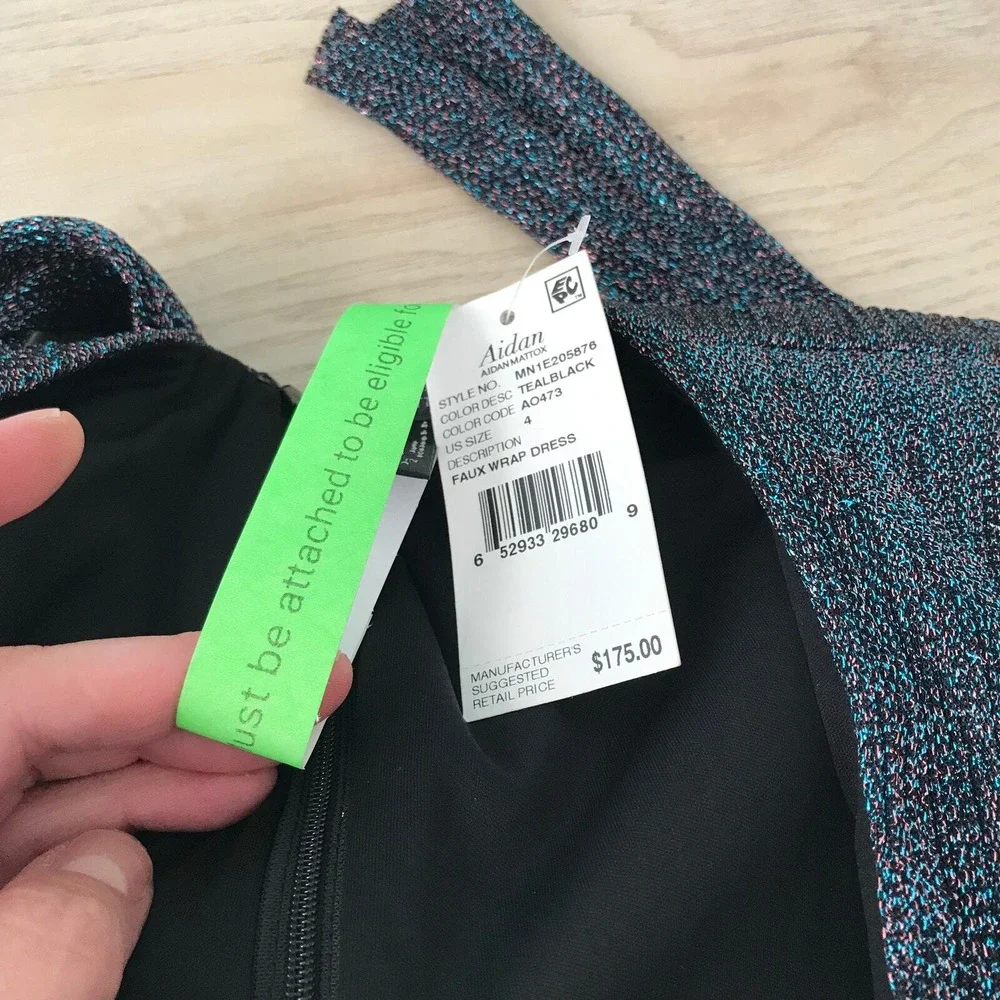 Aidan Mattox Teal‎ Metallic Wrap Dress Size 4 Bow Shimmer Party NYE Holiday Glam - Picture 15 of 16